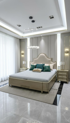 Diseño de habitación de hotel doble: muebles de madera para cama acolchada de madera de 180x200 nuevos.