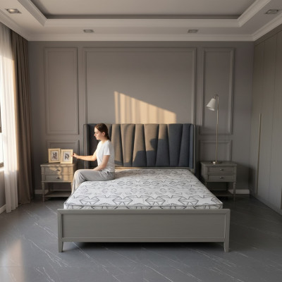 Diseño Dormitorio 3 piezas. Cama 2x Mesitas de noche Juego de camas Madera Mesita de noche Gris