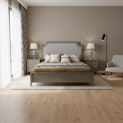 Set de dormitorio premium: cama y mesitas de noche de madera natural en gris.