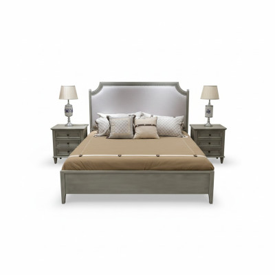 Set de dormitorio premium: cama y mesitas de noche de madera natural en gris.