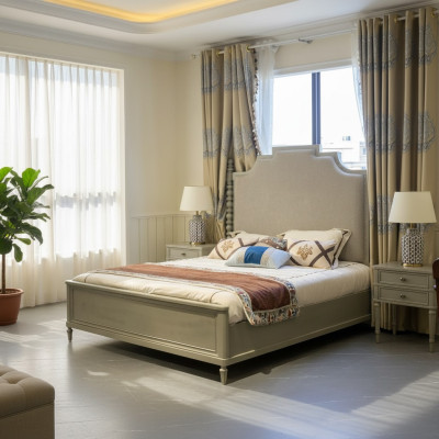 Cama Cama doble Diseño de dormitorio Camas Modernas Tapizado de madera Textil Muebles Nuevos