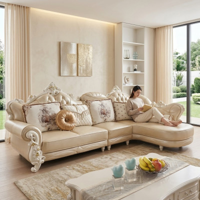 Sofá esquinero en forma de L, conjunto de sofás, muebles de cuero de madera, sofá Chesterfield.