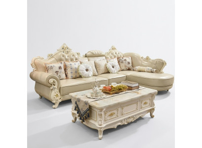 Conjunto de salón sofá en forma de L de cuero y madera Chesterfield.