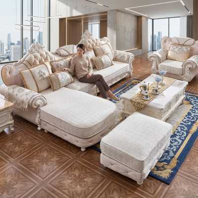 Sofá esquinero en forma de L, sillón, reposapiés, sofá de madera con tela, estilo barroco rococó.