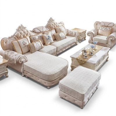 Sofá esquinero en forma de L, sillón, reposapiés, sofá de madera con tela, estilo barroco rococó.