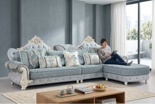 Sofá de esquina en forma de L de tela de lujo en azul, conjunto de muebles de salón.