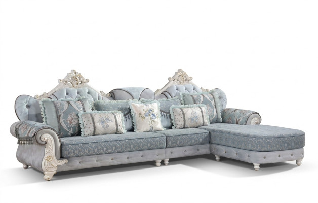 Sofá de esquina en forma de L de tela de lujo en azul, conjunto de muebles de salón.