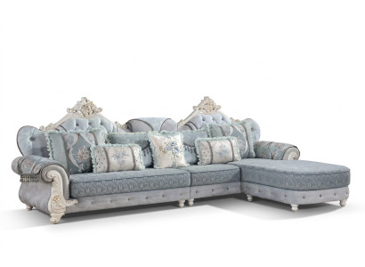 Sofá de esquina en forma de L de tela de lujo en azul, conjunto de muebles de salón.