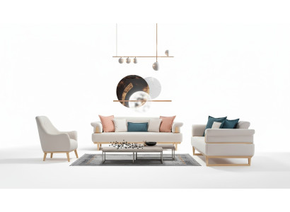 Sofá moderno de 3+3+1 plazas con juego de sillones de madera y tela.