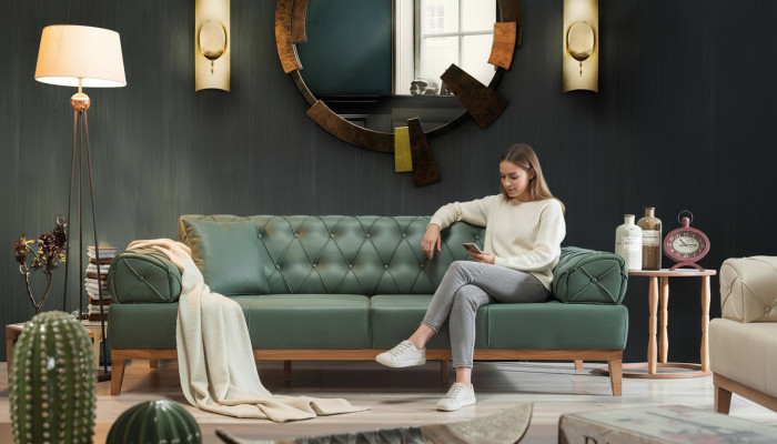 Sofá Chesterfield de 3 plazas en verde nuevo de tela y madera de 220 cm.