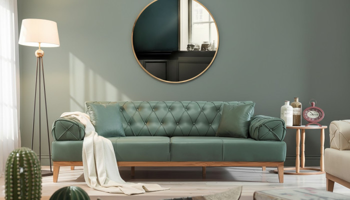 Sofá Chesterfield de 3 plazas en verde nuevo de tela y madera de 220 cm.