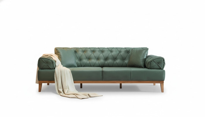Sofá Chesterfield de 3 plazas en verde nuevo de tela y madera de 220 cm.