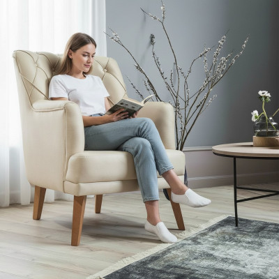 Sillón de sala de estar muebles modernos tela lounge textil cuero sintético beige