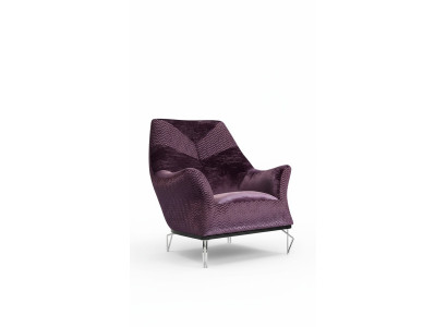 Sillón individual tapizado de diseñador de tela moderno de color púrpura.