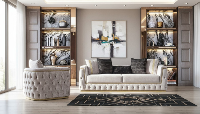 Sofá Chesterfield de lujo Set de 3+1 plazas Sofá Tapizado Muebles de Terciopelo Dorado