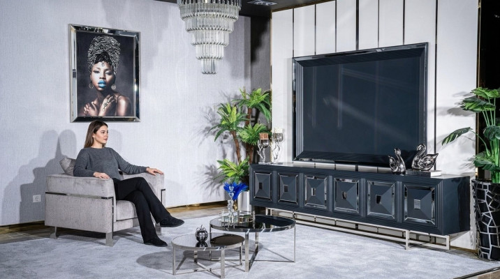 Mueble de TV, soporte para TV, sillón, mesa de centro, mesa auxiliar, sala de estar, 5 piezas, gris, nuevo.