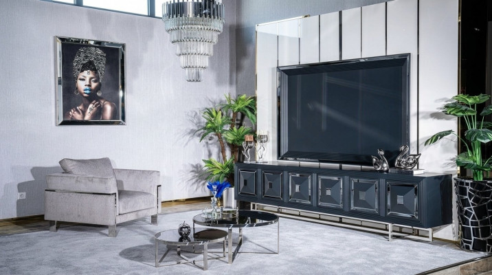Mueble de TV, soporte para TV, sillón, mesa de centro, mesa auxiliar, sala de estar, 5 piezas, gris, nuevo.