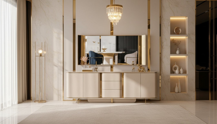 Sala de estar Aparador Espejo Material Madera con Metal Estilo Moderno Beige