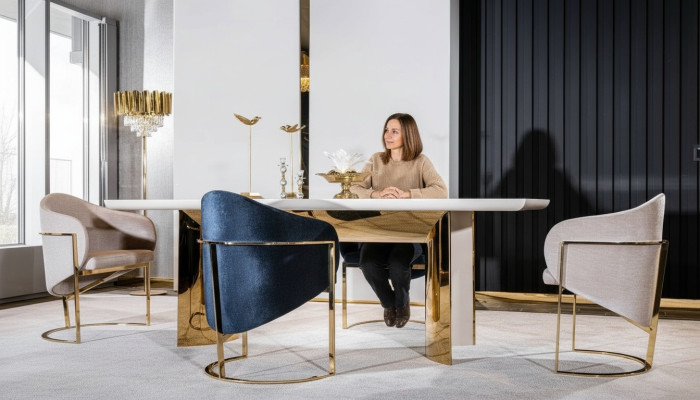 Silla de comedor de lujo, silla de metal con textil, nuevas sillas de estilo moderno.