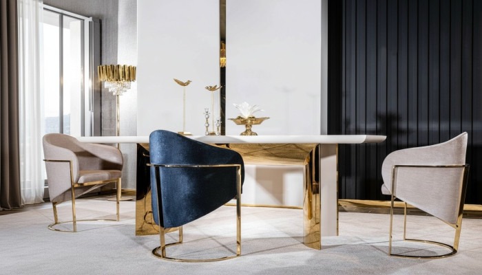 Silla de comedor de lujo, silla de metal con textil, nuevas sillas de estilo moderno.