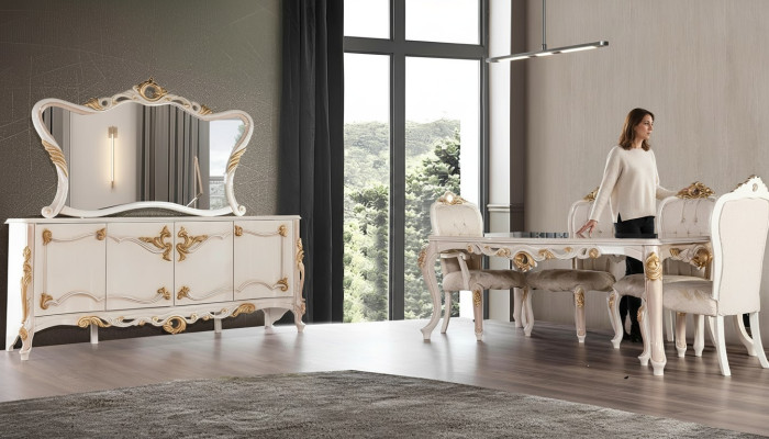 Juego de salón de 7 piezas. Mesa de comedor Silla. aparador Espejo Sillas de comedor Mesas