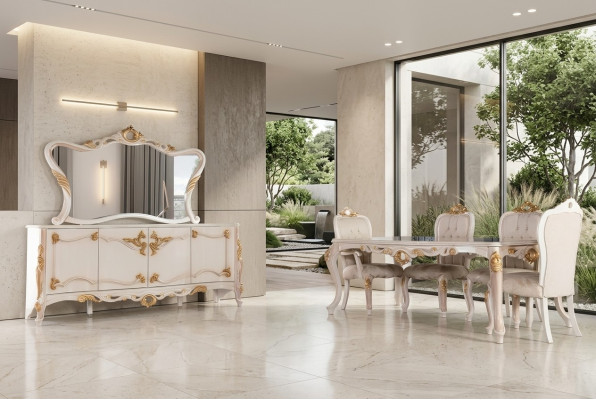 Juego de salón de 7 piezas. Mesa de comedor Silla. aparador Espejo Sillas de comedor Mesas