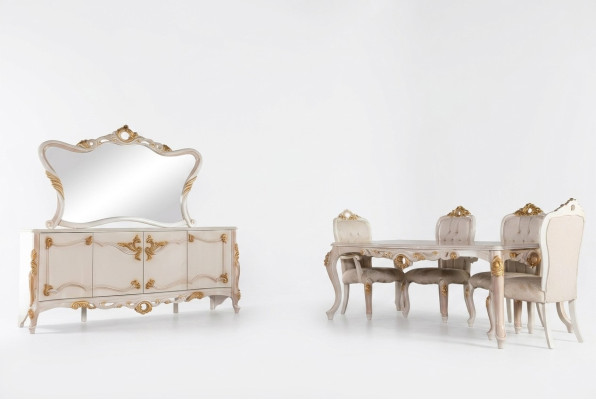 Juego de salón de 7 piezas. Mesa de comedor Silla. aparador Espejo Sillas de comedor Mesas