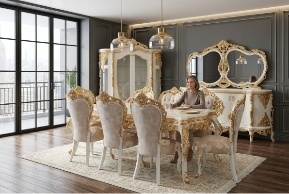 Conjunto clásico de sillas con adornos tallados ricamente decorados en dorado.
