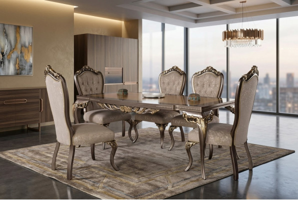 Mesa de comedor clásica de madera maciza con adornos elaborados.