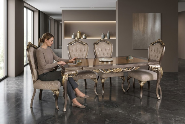 Silla Set 4x Sillas de respaldo Silla de comedor Madera Lujo Comedor Tela Sillas barrocas