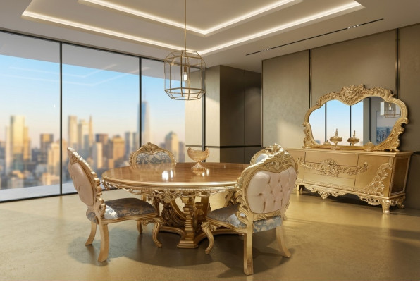 Lujo Conjunto de comedor Mesa Silla Cómoda Espejo Sillas Mesa 7 piezas.