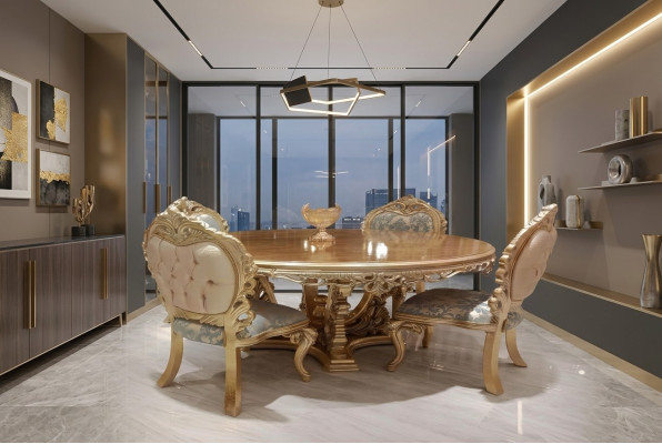Conjunto de comedor clásico de 5 piezas con mesa redonda y sillas.