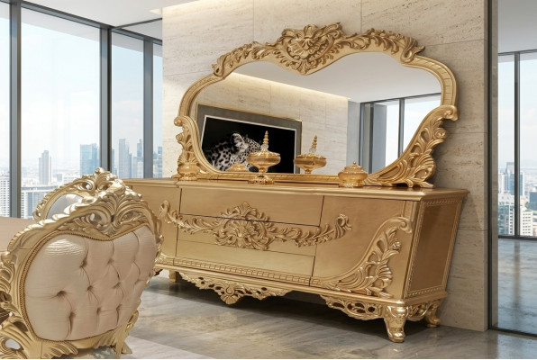 Mueble espejo Grupo de lujo Conjunto de tocador Cajones Armario Servir Oro