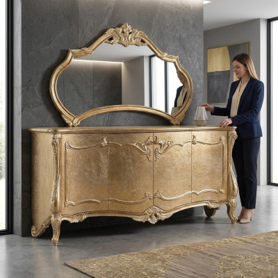 Juego de cómoda con espejo, juego de cómodas de madera, grupo de muebles barrocos.