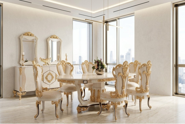 Elegante conjunto de comedor en oro para interiores sofisticados
