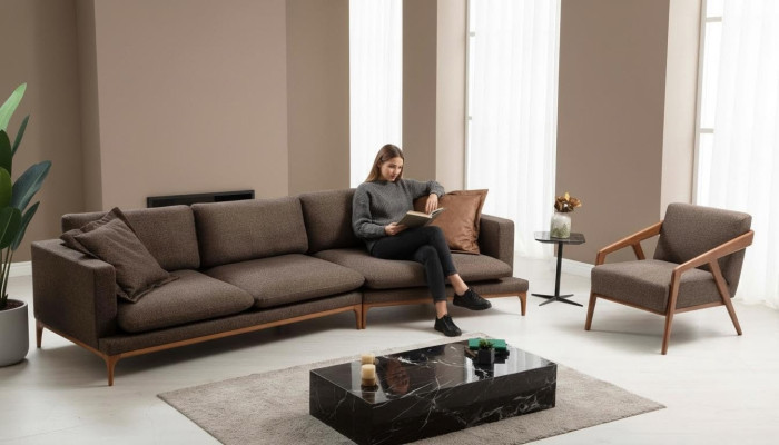Sofá esquinero Sofá Sala de estar Sofás Tela Lujo Esquina Forma de L Madera Estilo Moderno Muebles Nuevo