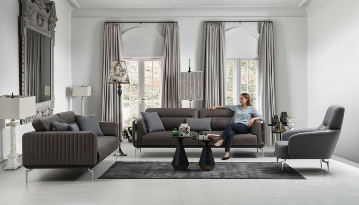 Sofá de 3 plazas con chaise longue, sofá de 3 plazas y sillón individual tapizado en poliéster de estilo moderno.