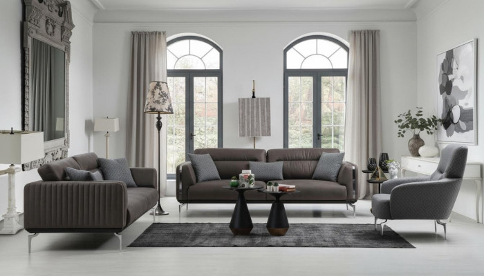 Sofá de 3 plazas con chaise longue, sofá de 3 plazas y sillón individual tapizado en poliéster de estilo moderno.
