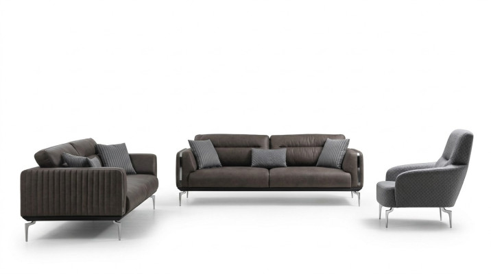 Sofá de 3 plazas con chaise longue, sofá de 3 plazas y sillón individual tapizado en poliéster de estilo moderno.