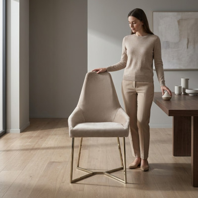 Silla de salón, silla de comedor de lujo beige, silla, sillas, diseño moderno, muebles.