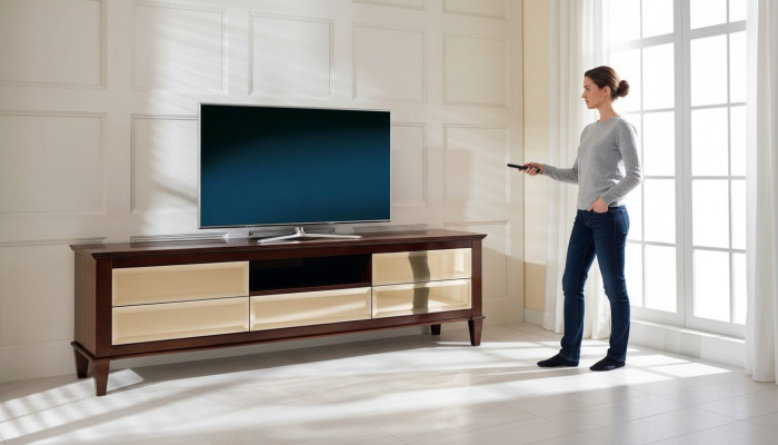Mueble de televisión bajo, aparador, cómoda de salón moderna de madera.