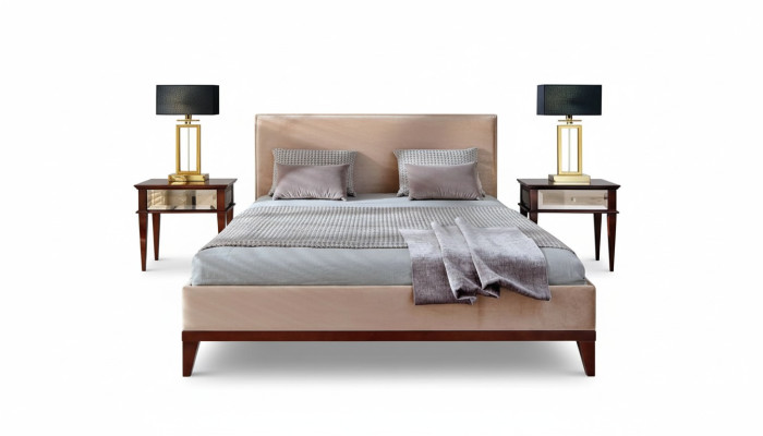 Moderno dormitorio beige y marrón con cama de lujo de madera nueva.
