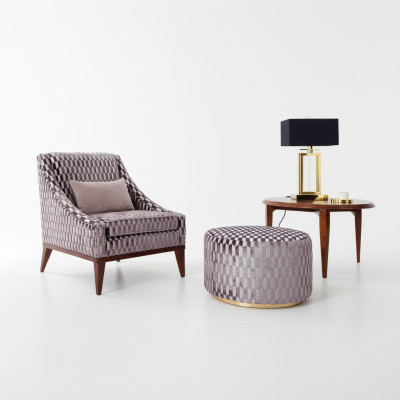Juego de sala: sillón, mesa de centro, taburete moderno de tela y madera, juego de 3 piezas.