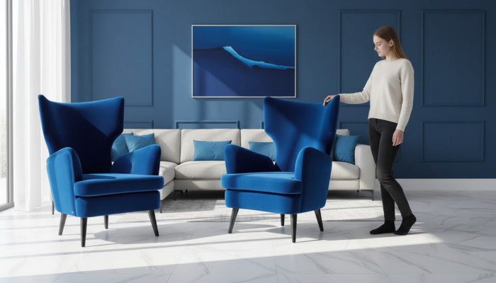 Sillón reclinable orejero de tela de lujo de una plaza para salón moderno azul