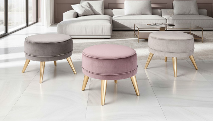 Taburete otomano de tela de diseño de lujo moderno para sala de estar, rosa y redondo.