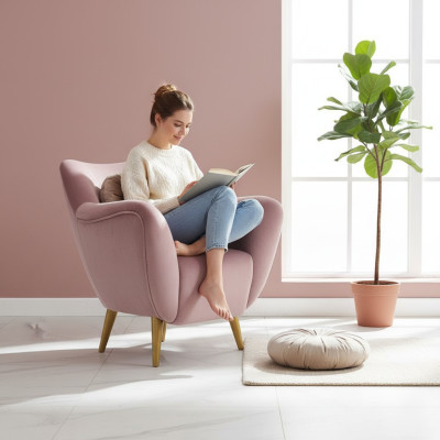 Silla Sillón Orejero de una plaza Asiento Tela Lujo Sala de estar Moderno Rosa