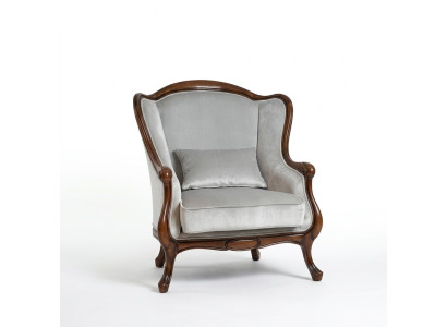 Silla orejera asiento gris terciopelo de lujo clásico de madera nuevo para la sala de estar.