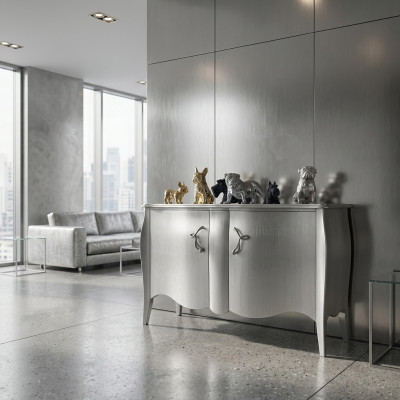Vitrina plateada, cómoda, aparador, armarios, cómodas de madera, muebles de lujo, plata.