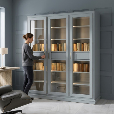 Armario de libros gris con puertas de cristal - Elegante solución de almacenamiento para su colección de libros.