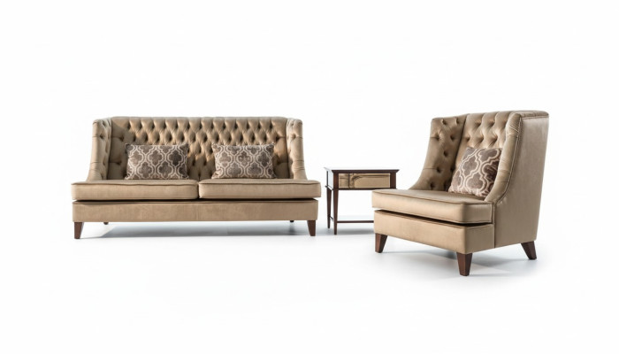Sofá de 3 plazas Chesterfield de tela marrón moderno con conjunto de sillones